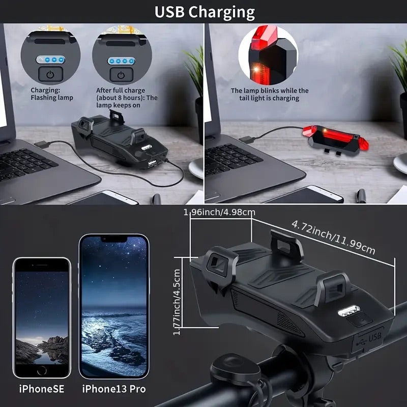 Multi Use Phone Holder - Phone Charger, Light and Horn